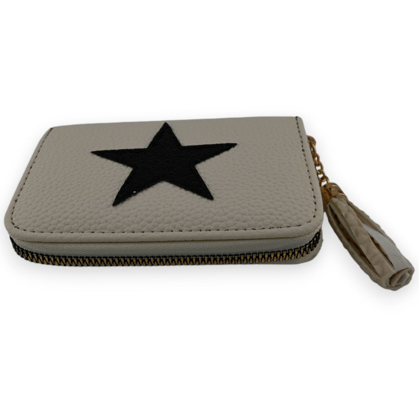 Ecru-farbene Geldbörse mit schwarzem Stern, Reißverschluss und Quaste. Kompaktes Design aus strukturiertem Leder.