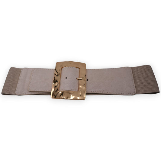 Elastischer Damengürtel in Beige mit großer goldener Schnalle, breiter Taillenstretch-Gürtel für Frauen