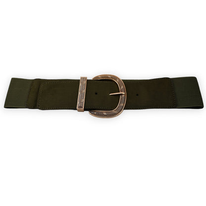 Elastischer Damengürtel in Khaki mit goldener Schnalle, breites Design mit texturierter Oberfläche und dekorativer Gürtels...