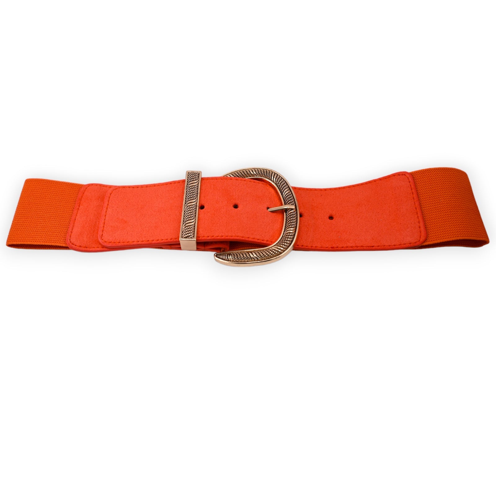 Orangefarbener elastischer Damengürtel mit goldener Schnalle, breites Design mit Stretchband und Wildleder-Optik