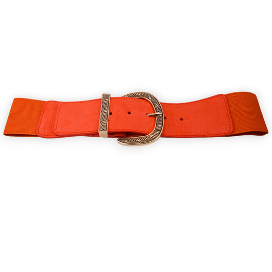 Orangefarbener elastischer Damengürtel mit goldener Schnalle, breites Design mit Stretchband und Wildleder-Optik