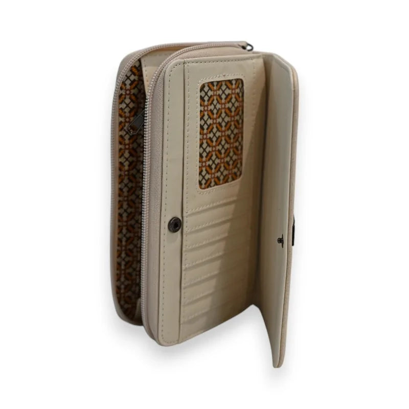 Elegante beige Geldbörse Mélanie Paris, geöffnet mit Fächern und Innenmuster