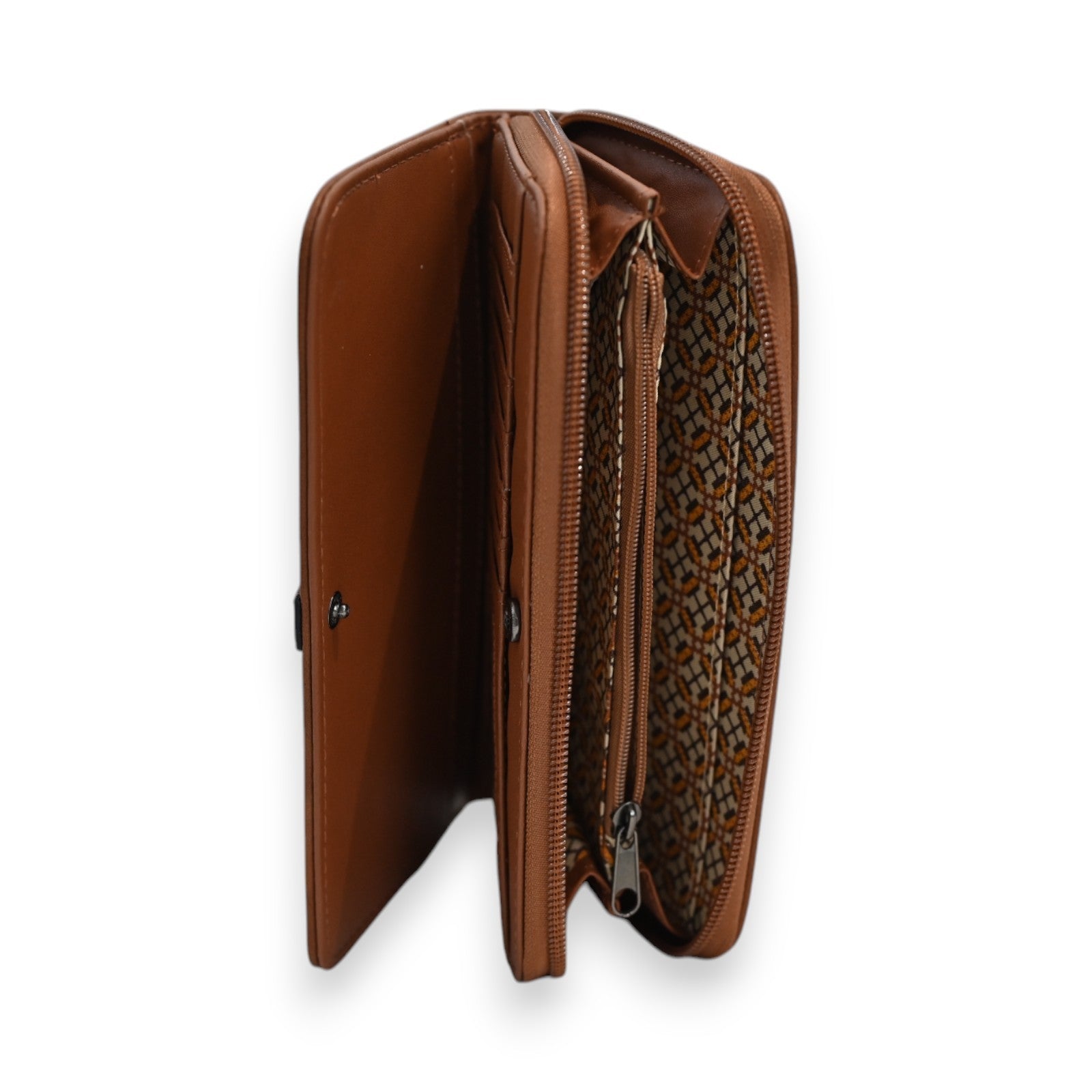 Elegante braune Leder-Brieftasche Mélanie Paris mit Reißverschluss und gemustertem Innenfutter, geöffnet stehend