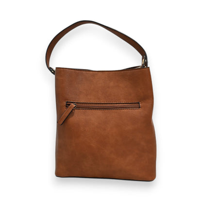 Elegante braune Ledertasche mit Schulterriemen und Reißverschlusstasche, minimalistisches Design, klassischer Bucket Bag