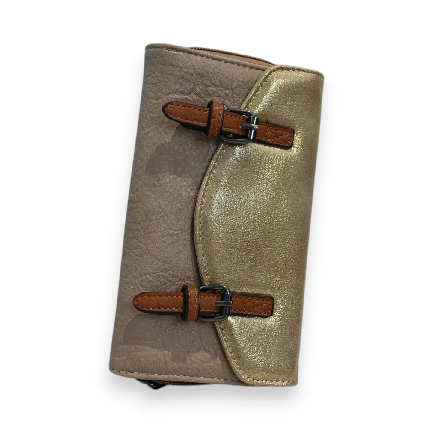 Elegante Brieftasche in Taupe und Gold mit zwei braunen Lederschnallen, Mélanie Paris Design, stilvolle Damengeldbörse