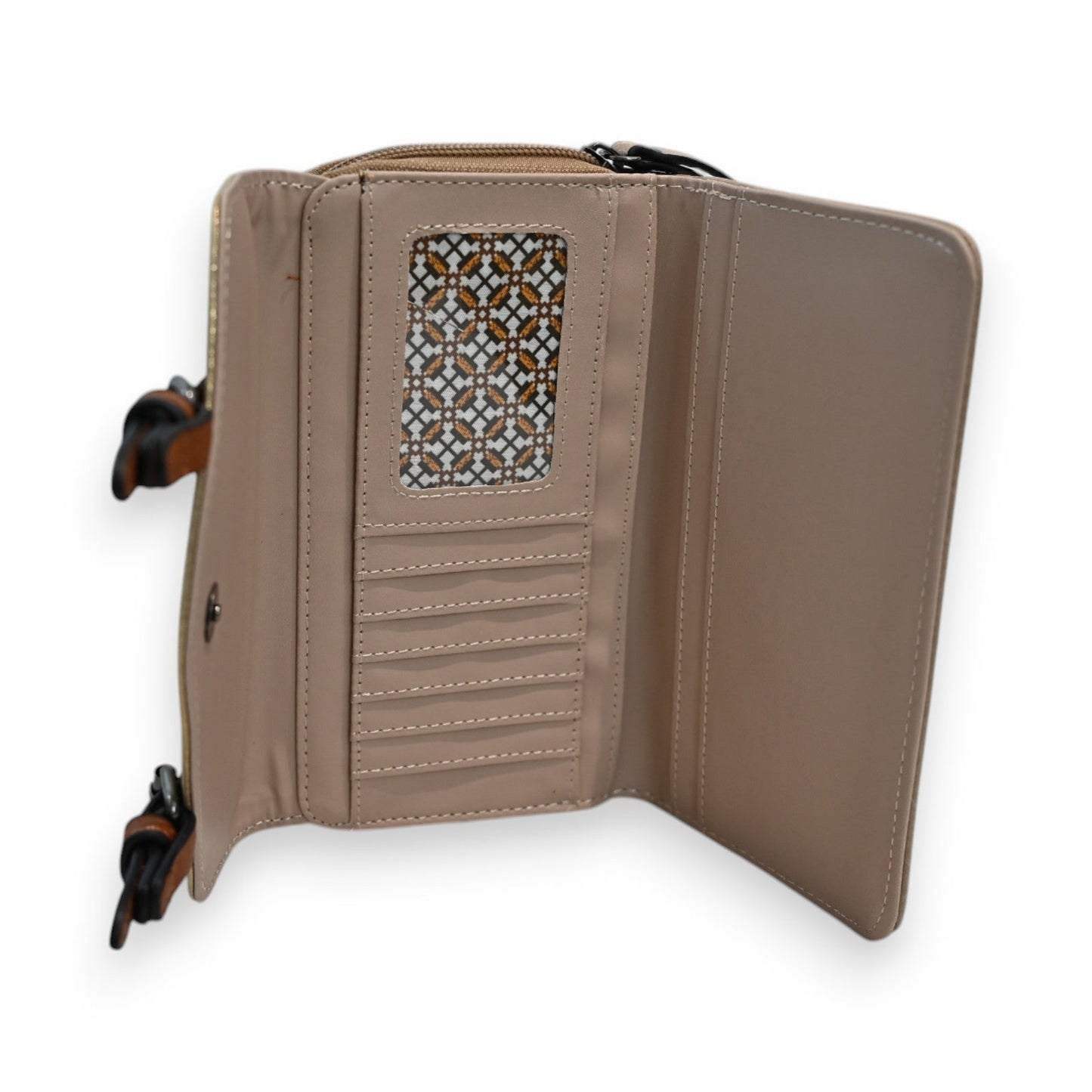 Elegante Damen-Brieftasche in Taupe mit Goldmuster, mehreren Kartenfächern und Reißverschluss, geöffnet dargestellt