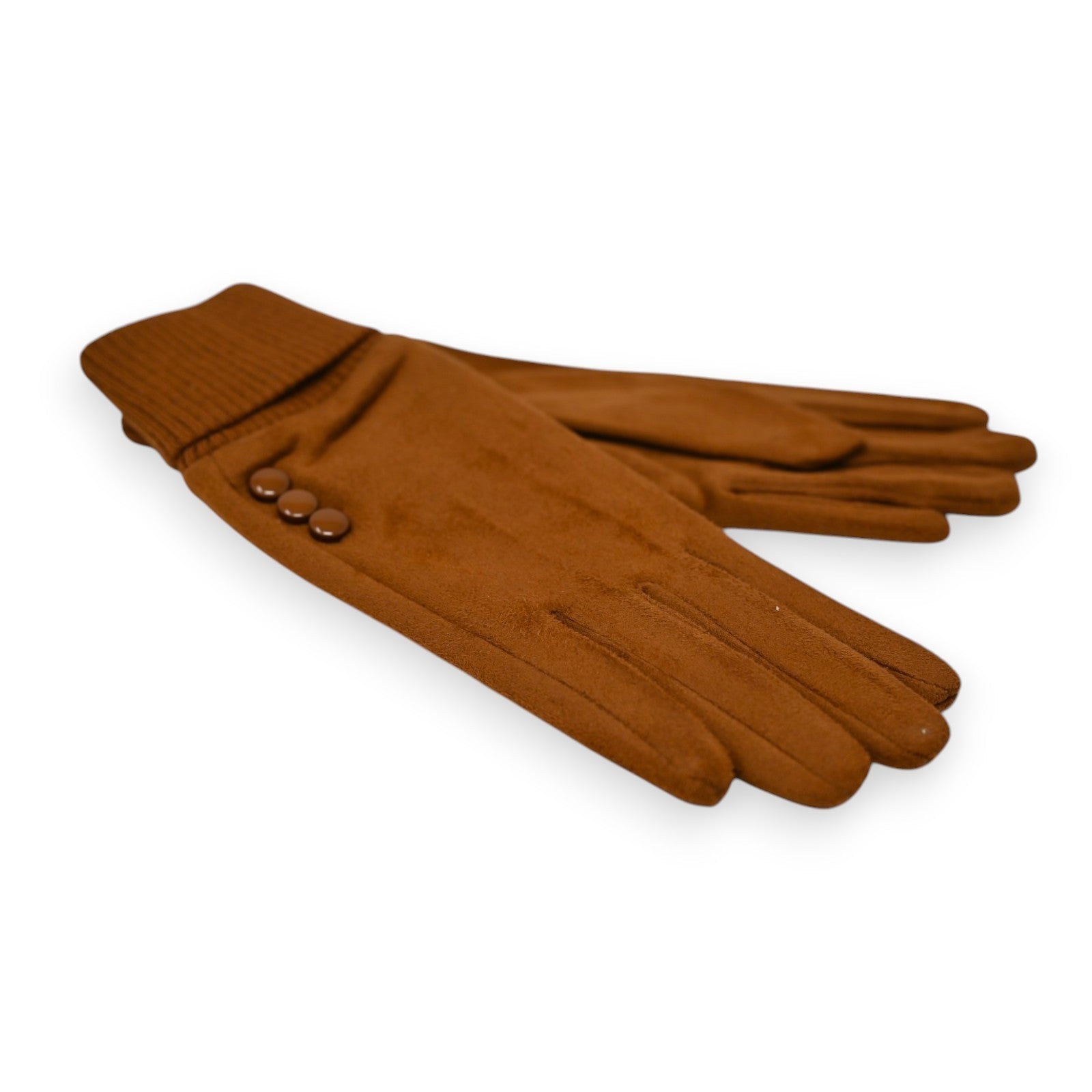 Elegante Damenhandschuhe in Camelfarbe aus Zweistoffmaterial mit drei Zierknöpfen und Strickbündchen