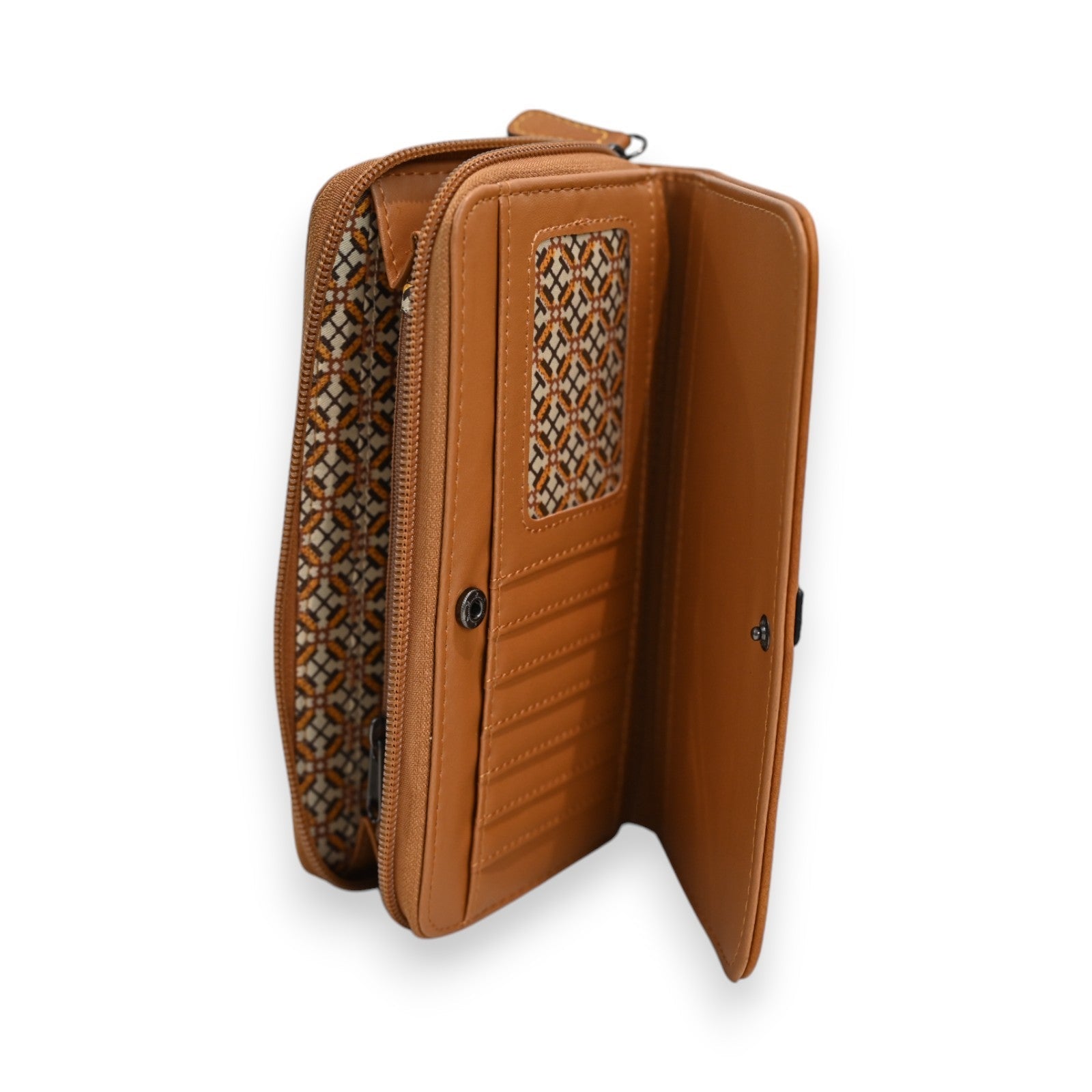 Elegante Damen-Geldbörse in Camel-Braun mit Reißverschluss, Kartenfächern und dekorativem Muster-Einsatz
