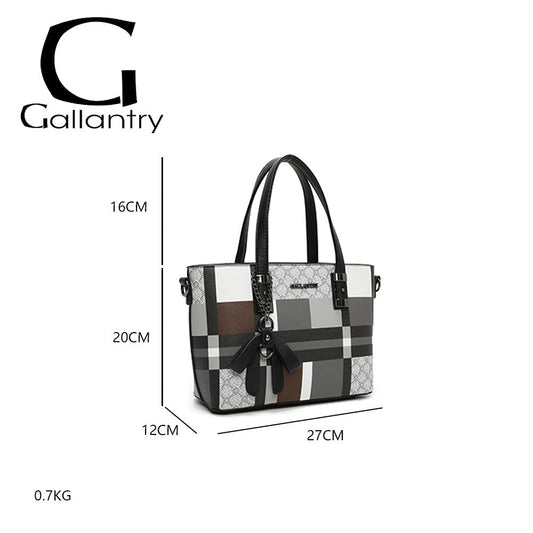Elegante geometrische Handtasche von Gallantry mit schwarz-weiß-braunem Karomuster, 27x20x12cm, 0.7kg, Schultergurt und An...