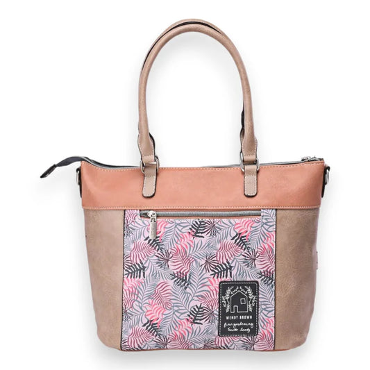 Elegante rosa und beige Handtasche mit tropischem Muster, Ledergriffen und Verschluss...