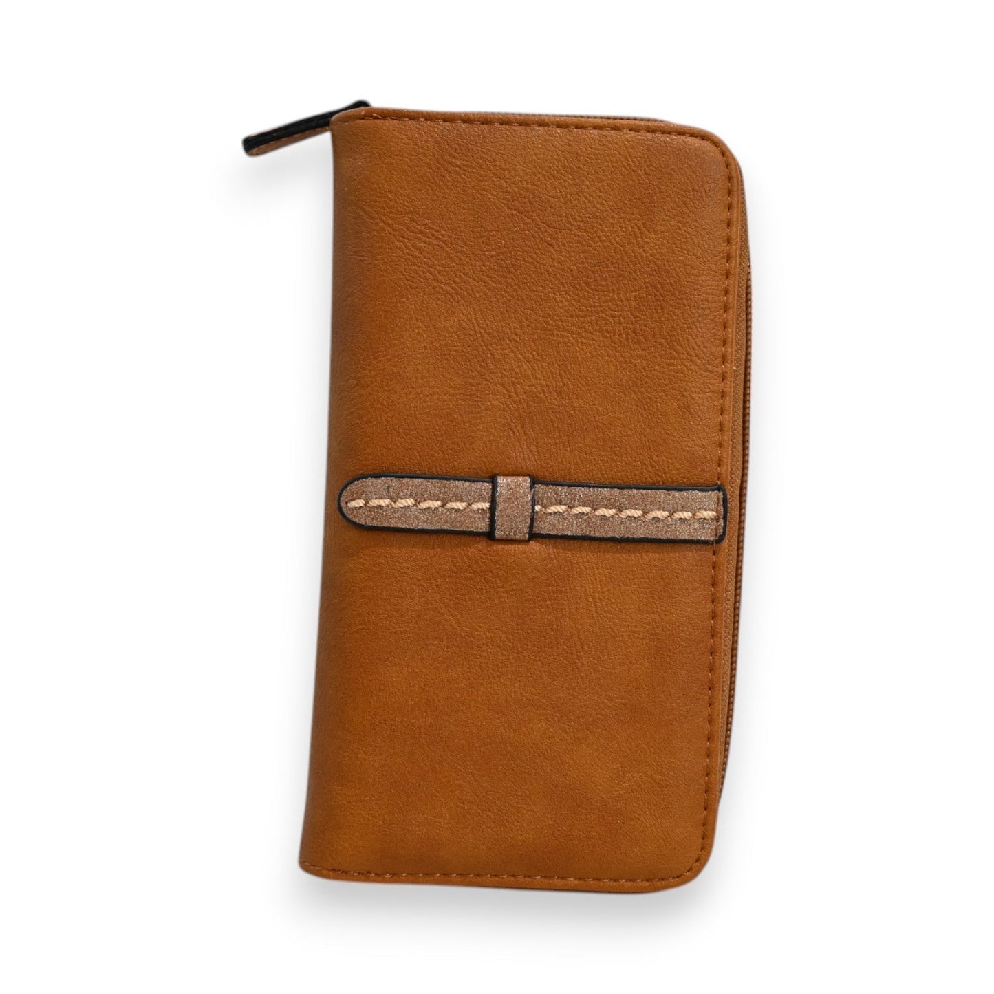 Elegante braune Leder-Geldbörse mit Reißverschluss und dekorativem Riemen, Modell Mélanie Paris in Camel-Farbe