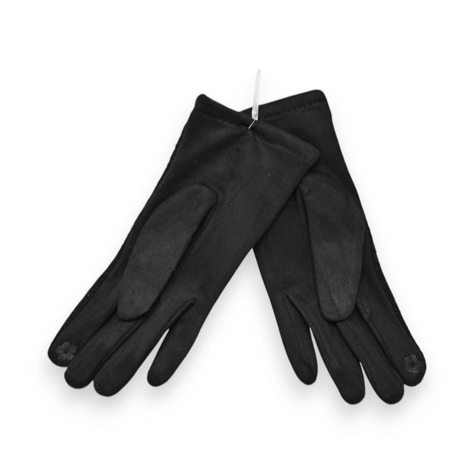 Elegante schwarze Damenhandschuhe aus Stoff mit dezentem Blumenmuster auf den Fingerspitzen, an einem Faden hängend