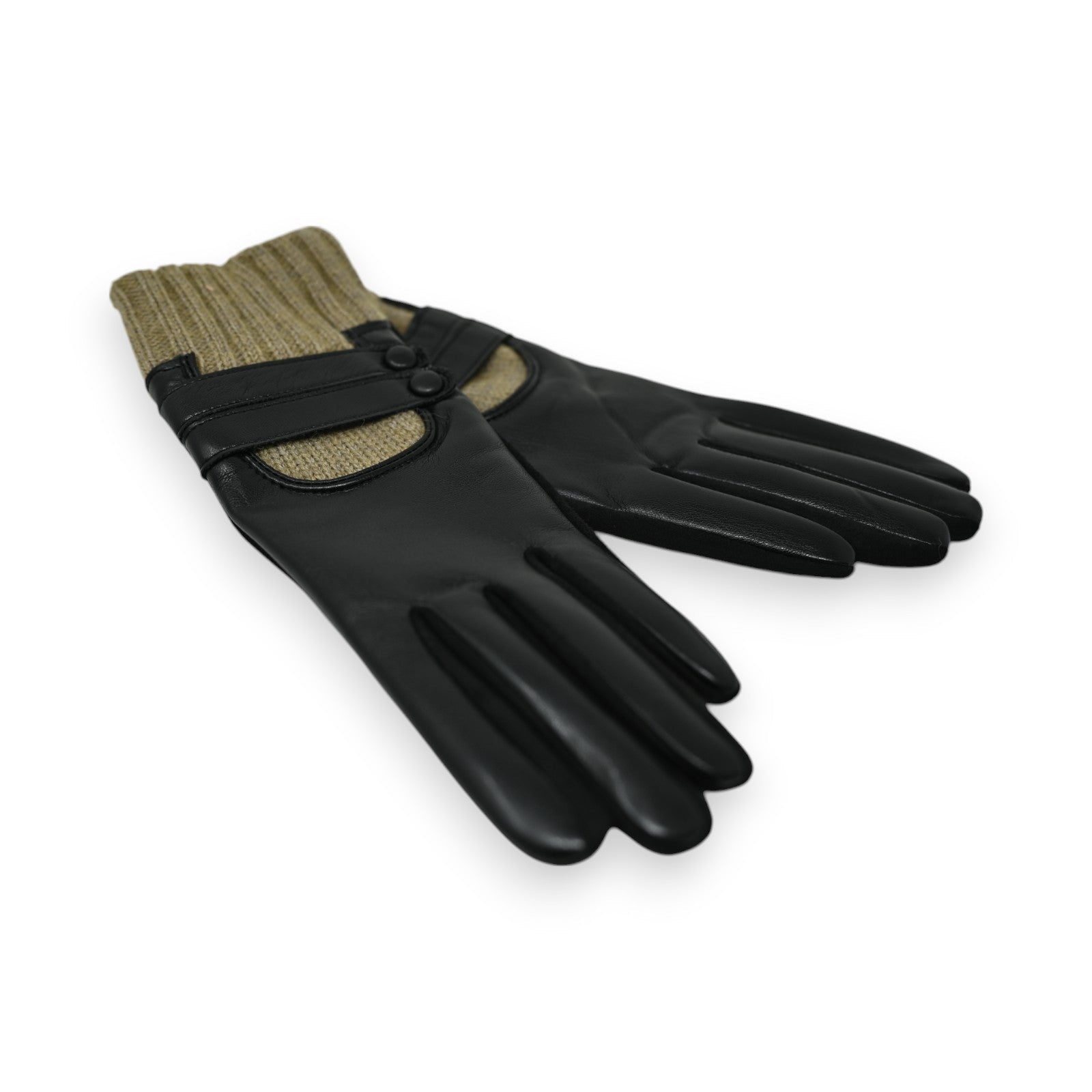 Elegante Damenhandschuhe aus schwarzem Leder mit taupefarbenem Strickbund und Riemchen-Verzierung, modisch und warm