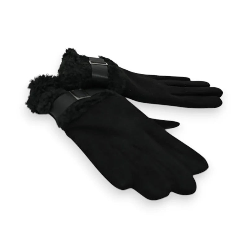 Elegante schwarze Winterhandschuhe mit Pelzrand und verstellbarem Verschluss
