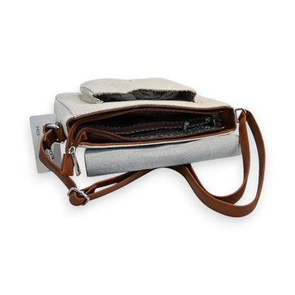 Elegante Umhängetasche aus Leinen und Silber mit braunem Lederriemen, geöffnet zeigte...