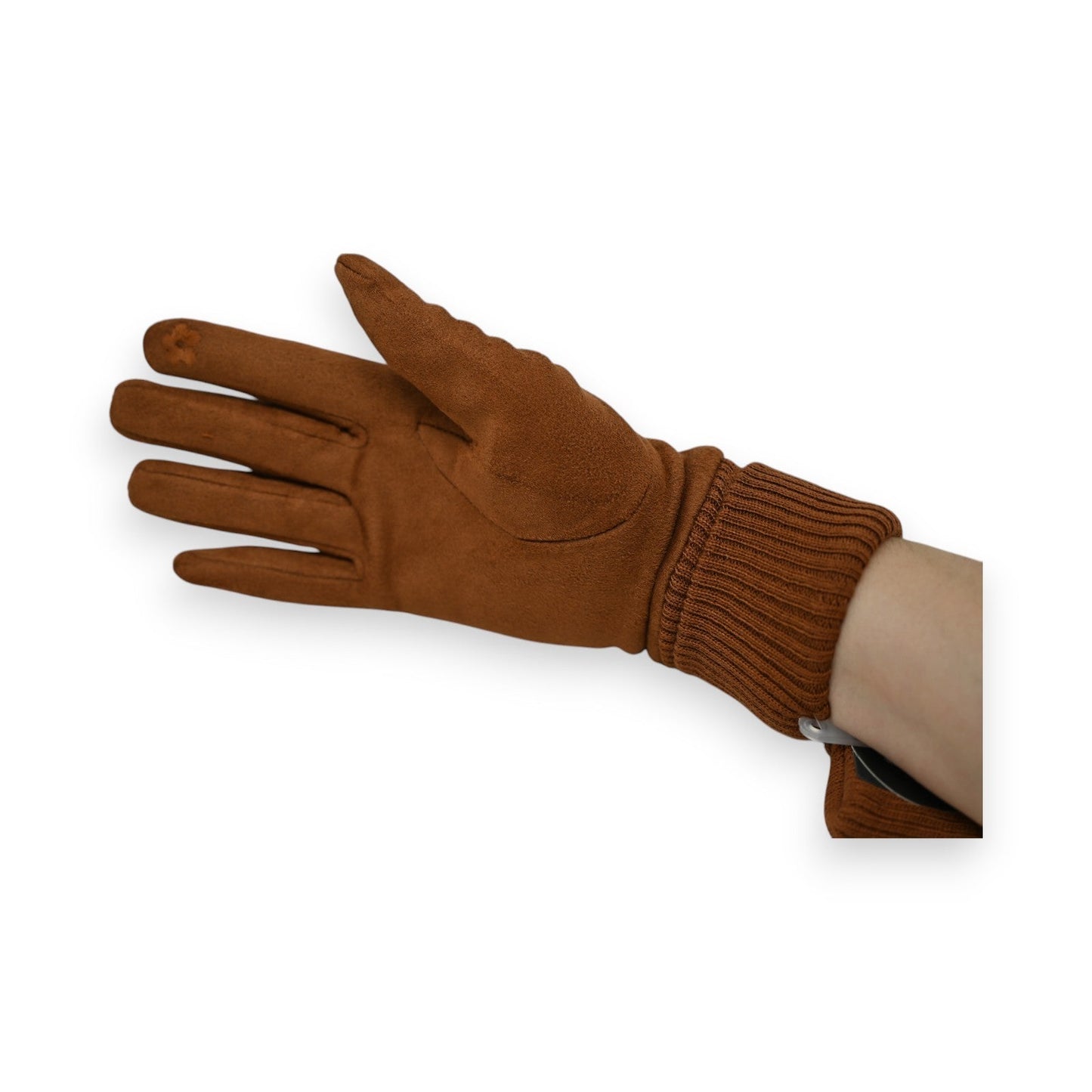 Eleganter brauner Lederhandschuh mit Strickbündchen, am Handgelenk getragen, auf weißem Hintergrund