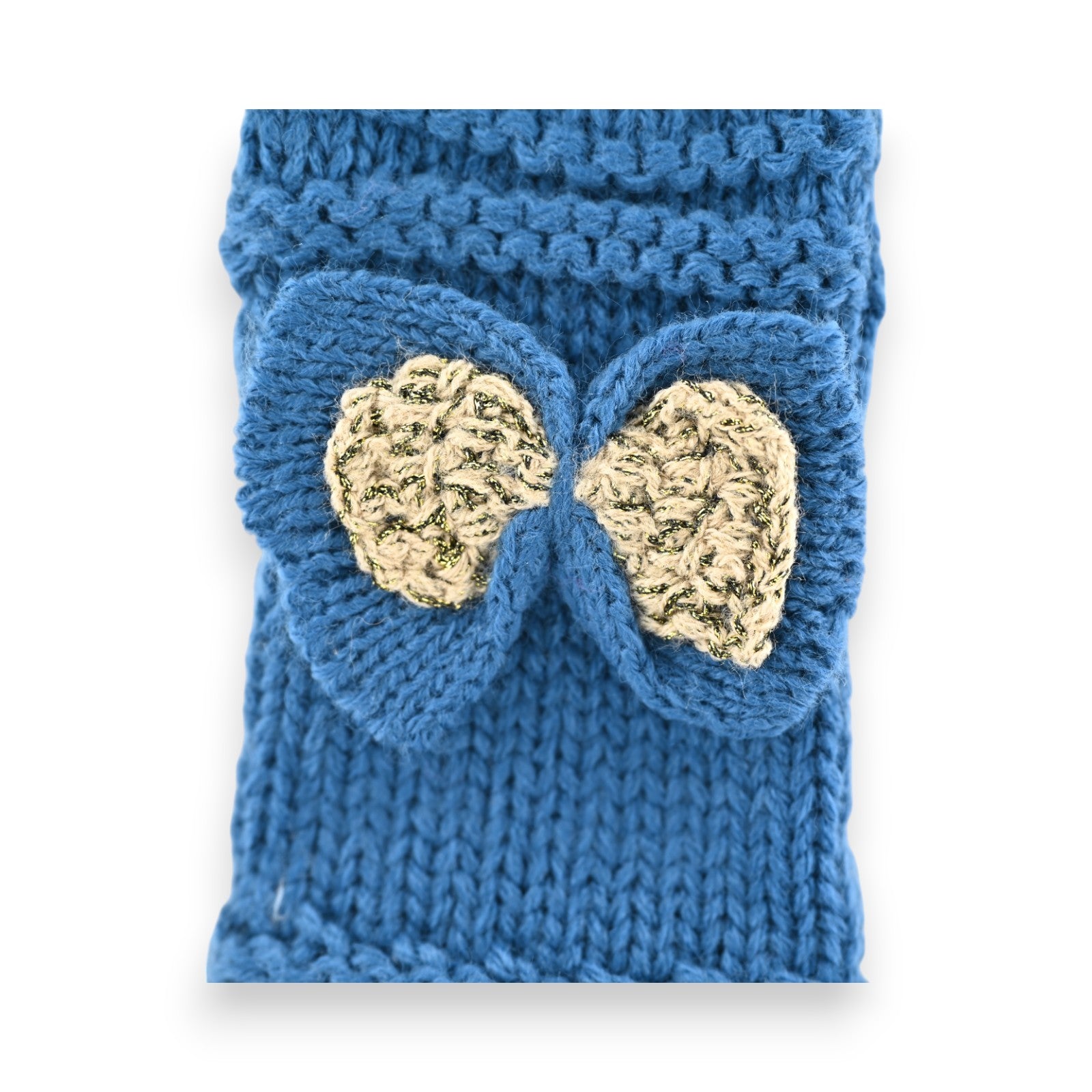 Gestrickte Handschuhe ohne Finger in Entenblau mit dekorativem Schleifendetail aus beigefarbenem Garn auf der Oberseite