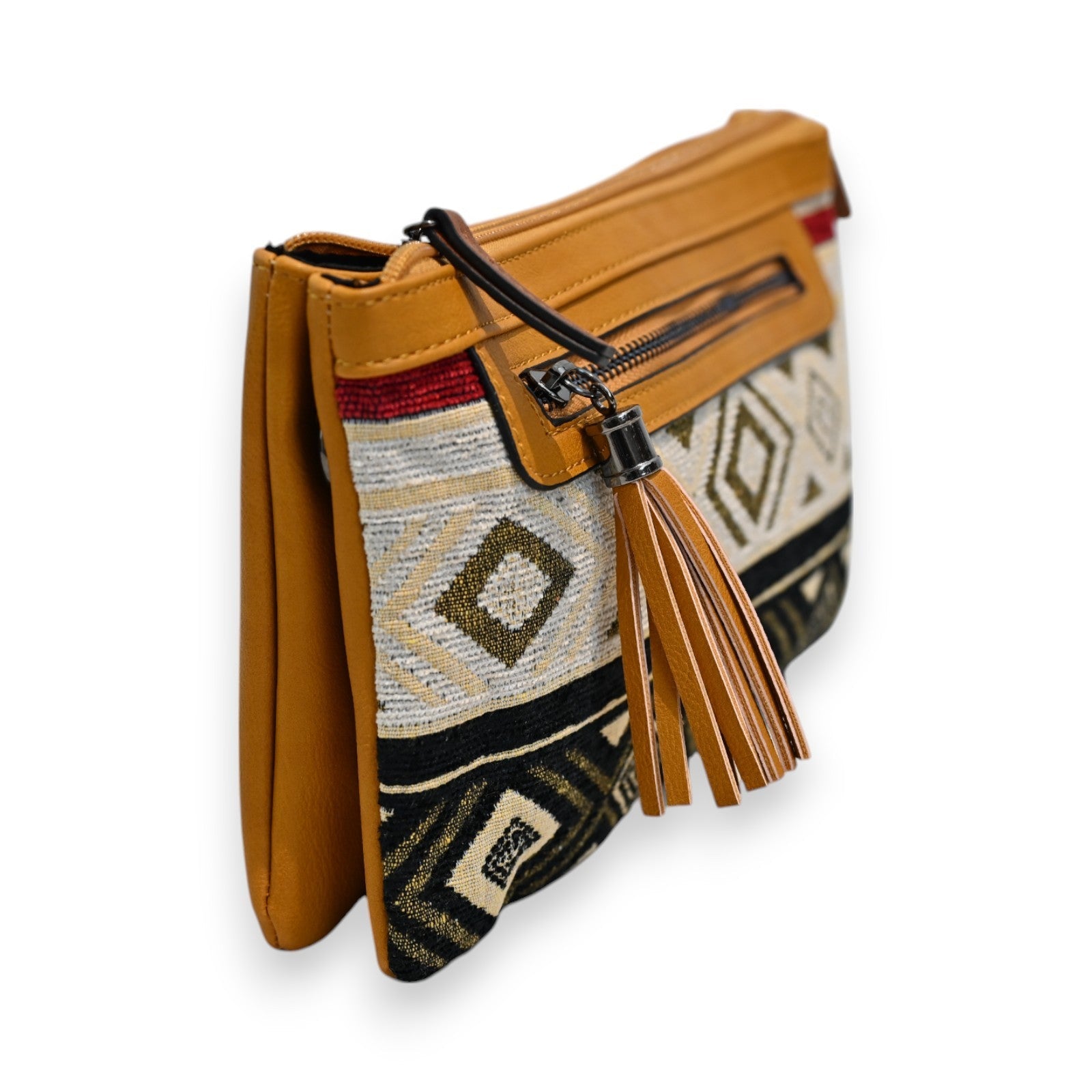 Ethnische Umhängetasche mit geometrischem Muster, senfgelbes Leder, Reißverschluss und Quaste, Boho-Stil