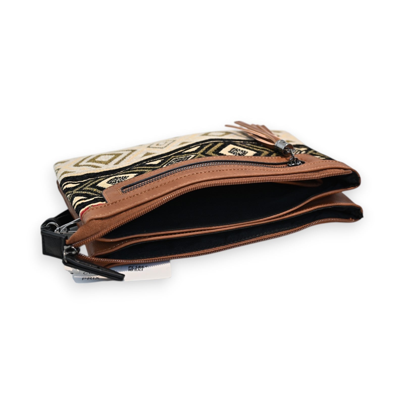 Ethnische Umhängetasche mit Tribal-Muster, Kamel-Leder und Reißverschluss. Handgefertigte Tasche im Boho-Stil.