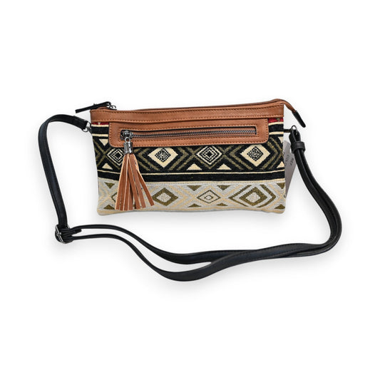 Ethnische Umhängetasche mit Tribal-Muster, braunem Leder und Quaste. Schwarzer Träger, geometrisches Design in Beige und S...
