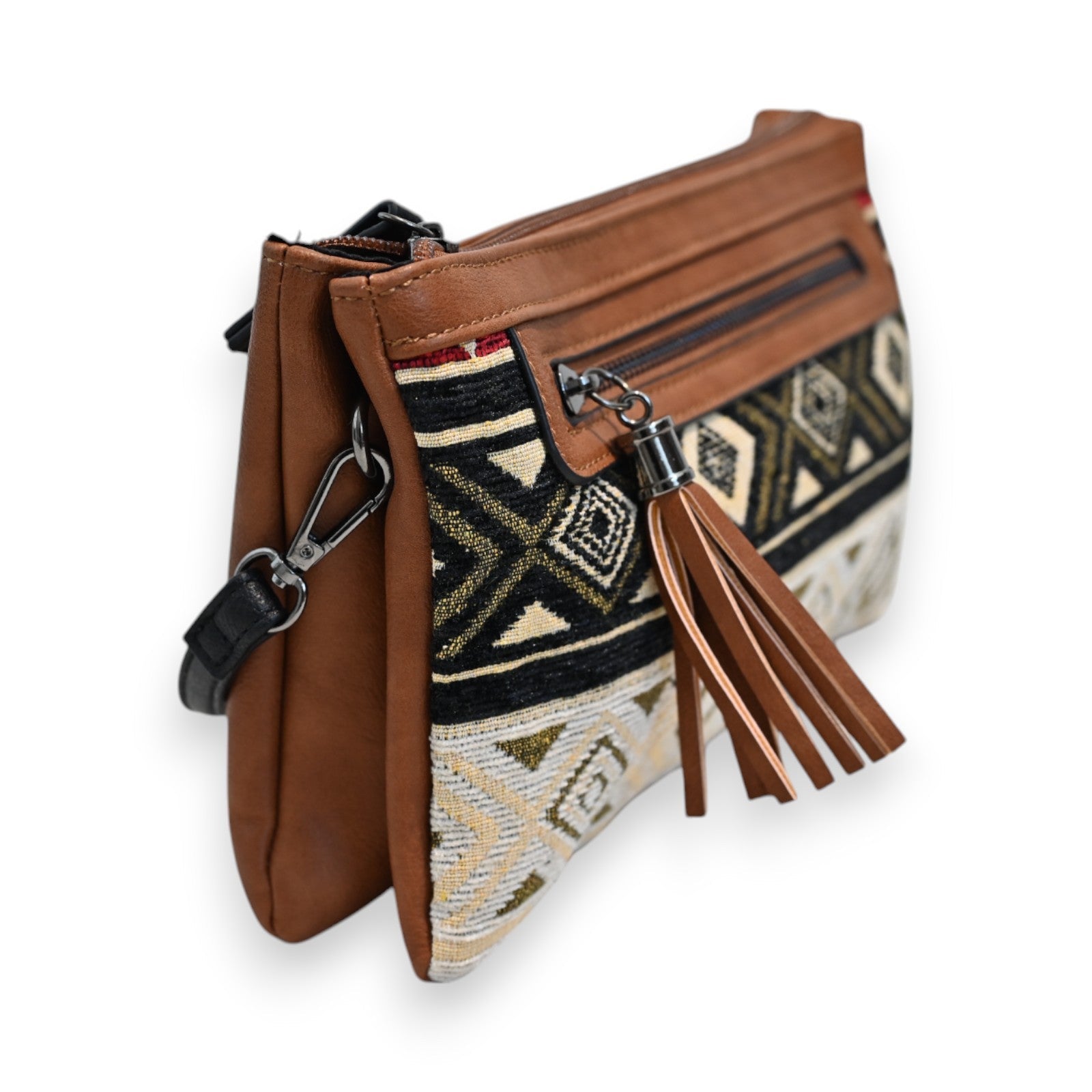 Braune Leder-Umhängetasche mit ethnischem Muster, Tribal-Design, Reißverschluss und Quaste, Boho-Stil