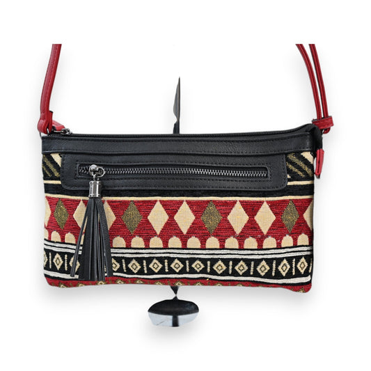Ethnische Umhängetasche mit rotem und schwarzem Tribal-Muster, Lederdetails, Reißverschluss und Quaste