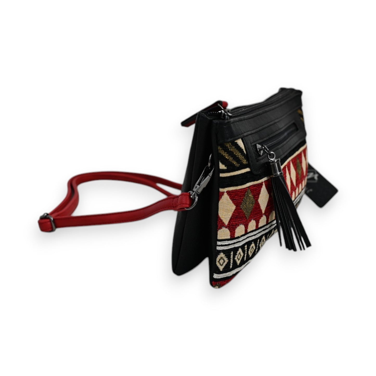 Ethnische Umhängetasche mit Tribal-Muster in Rot und Schwarz, Lederriemen und Quaste, handgefertigt, Boho-Stil