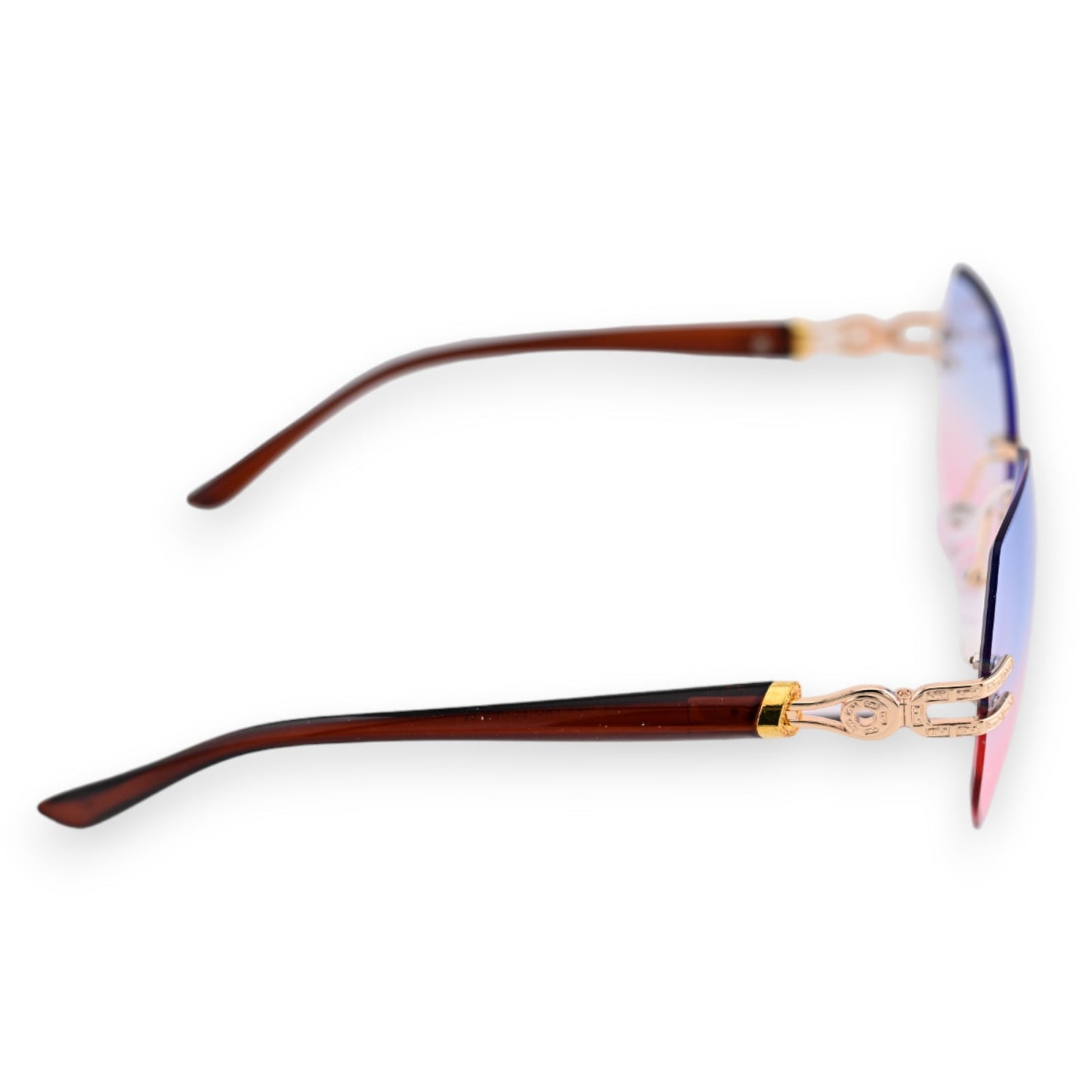 Stilvolle Sonnenbrille mit blau-rosa Verlaufsgläsern, braunen Bügeln und goldenen Verzierungen am Scharnier