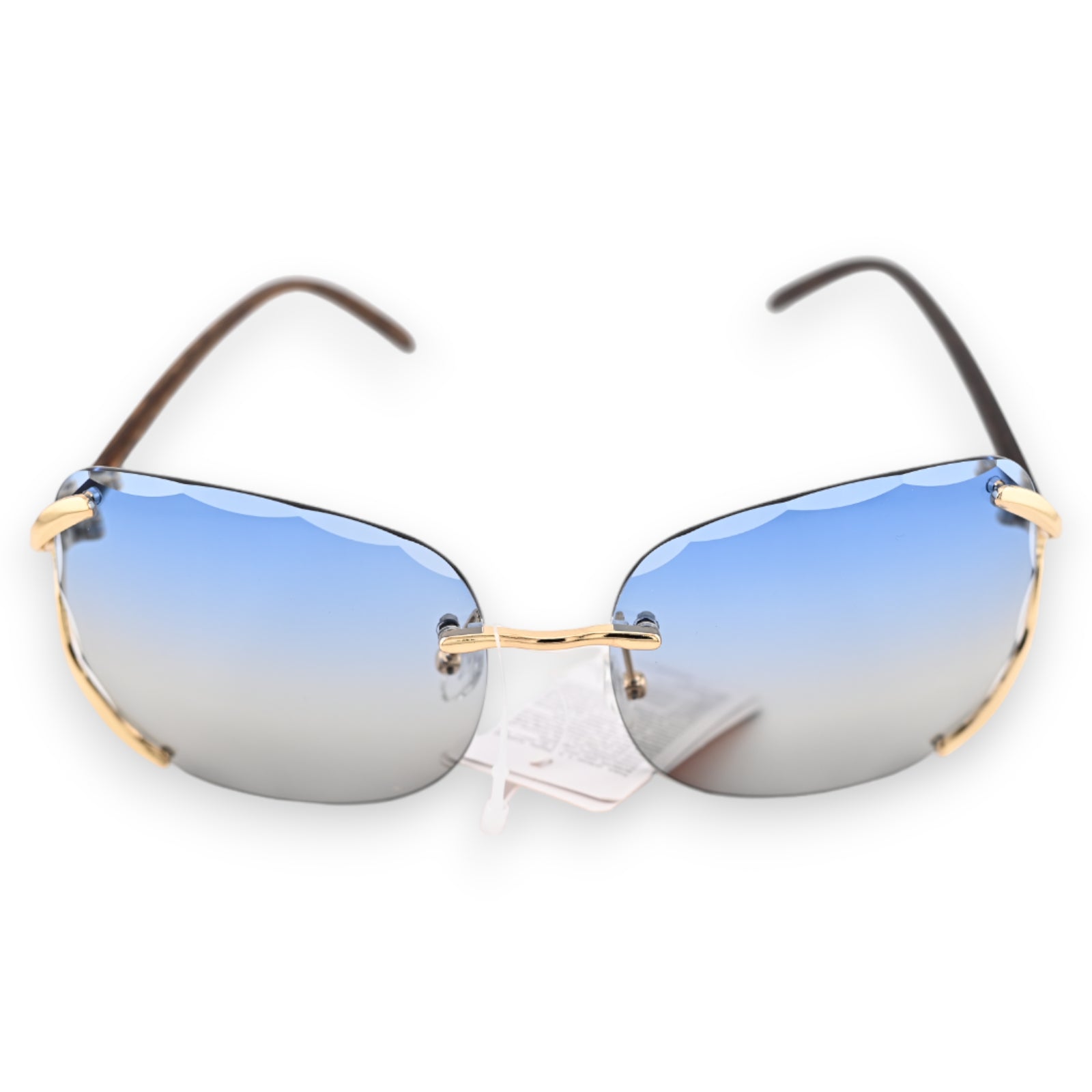 Rahmenlose Sonnenbrille mit blau-grau verlaufenden Gläsern, goldfarbenen Bügeln und braunen Brillenenden