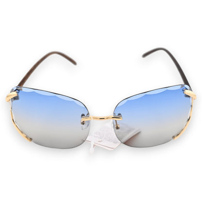 Rahmenlose Sonnenbrille mit blau-grau verlaufenden Gläsern, goldfarbenen Bügeln und braunen Brillenenden