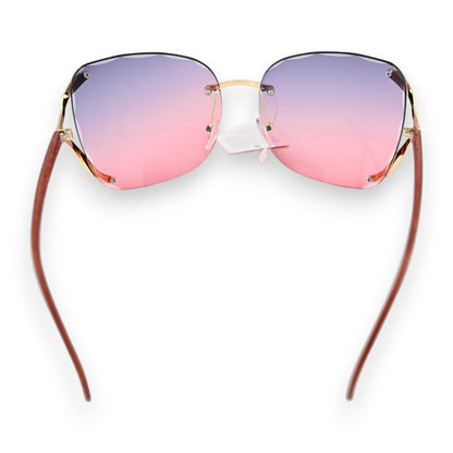 Sonnenbrille mit rahmenlosem Design, Farbverlauf von Lila zu Rosa, goldene Bügel und braune Brillenbeine