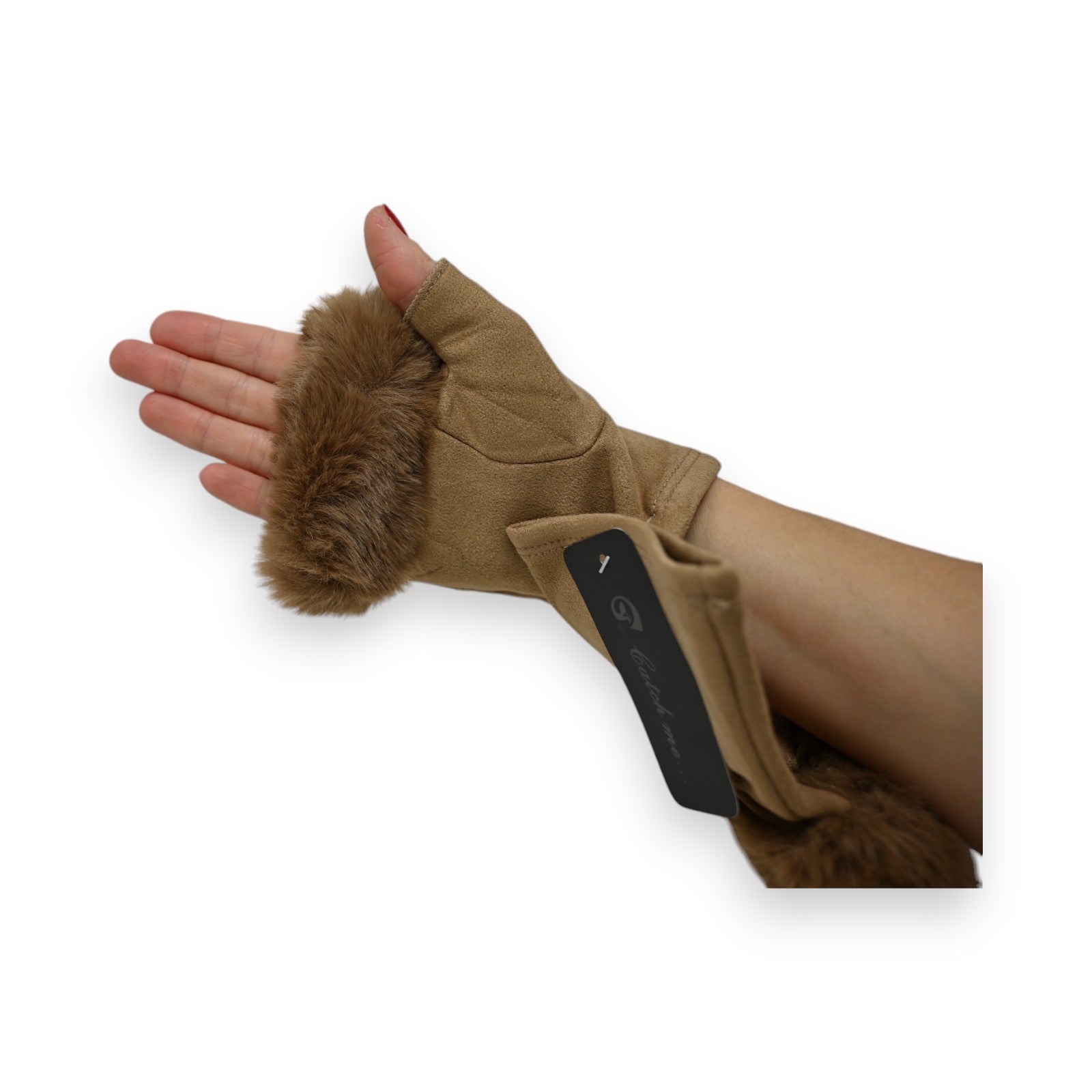 Fingerlose Handschuhe aus Kunstleder in Taupe mit Fellbesatz, Fingerspitzen frei, elegantes Design für Wintermode