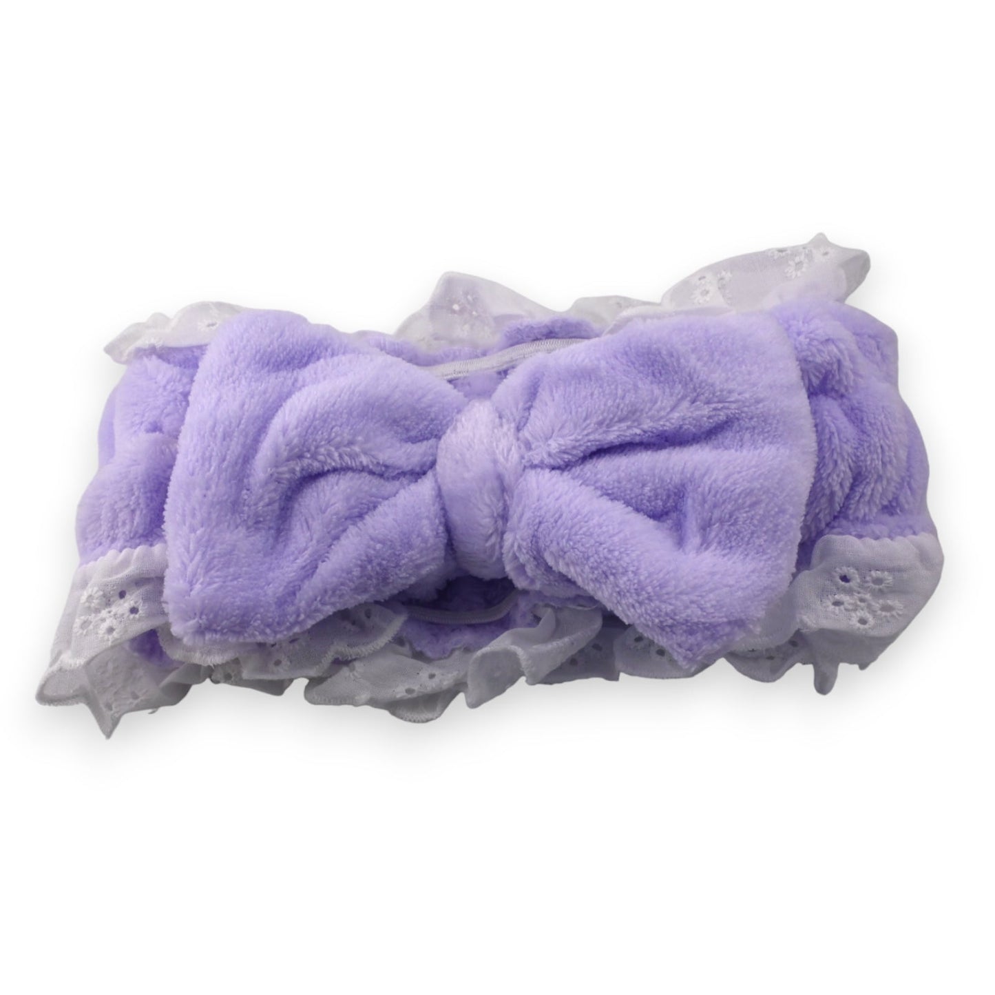Flauschiges lila Haarband mit Schleife und weißer Spitze, für Make-up und Hautpflege, weich und dekorativ