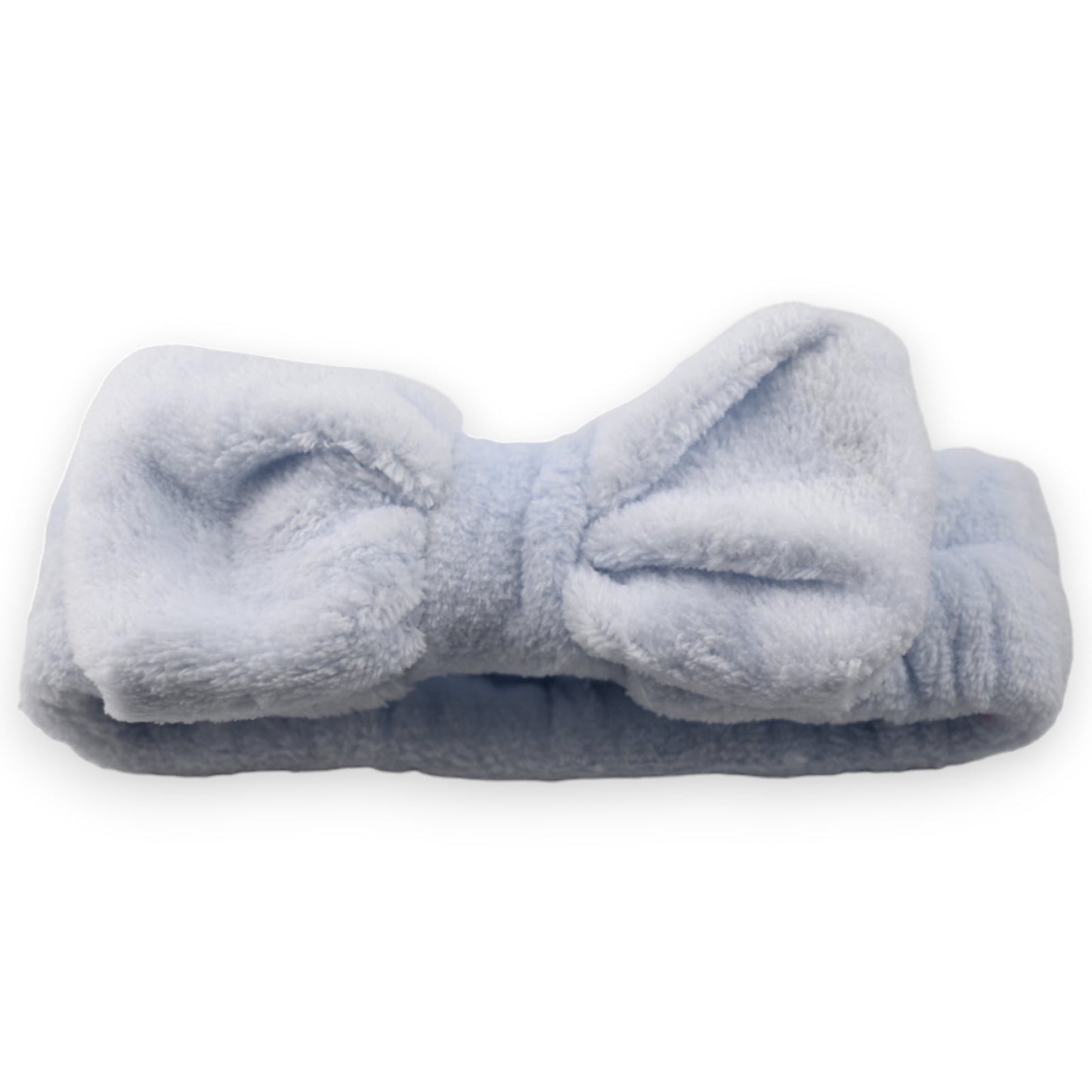 Flauschiges hellblaues Stirnband mit Schleife für Make-up und Gesichtspflege, weich und dehnbar