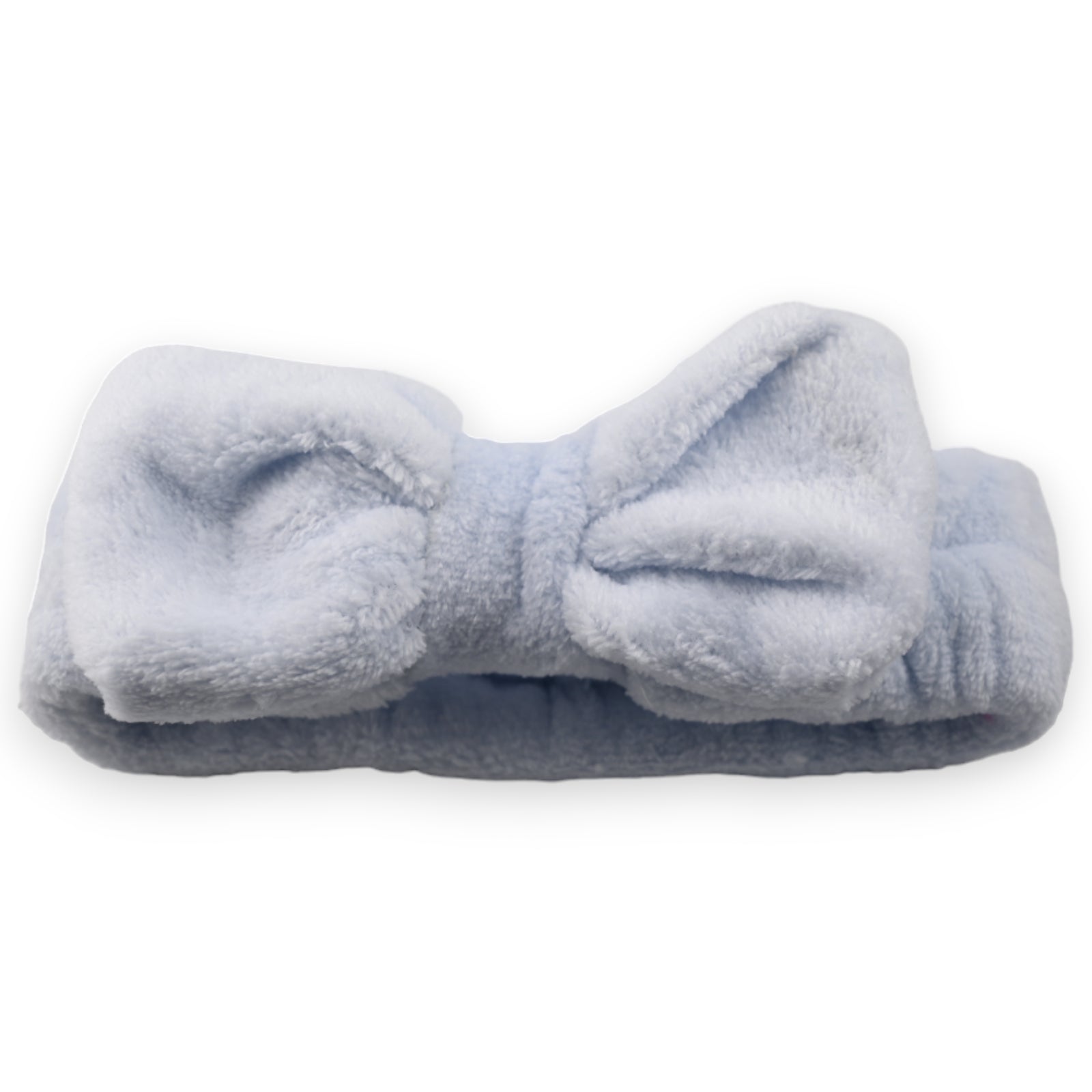 Flauschiges hellblaues Stirnband mit Schleife für Make-up und Gesichtspflege, weich und dehnbar