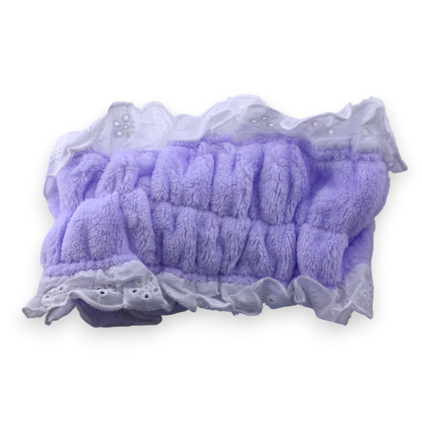 Flauschiges Haarband in Flieder mit weißer Spitze, gerafft und dekorativ, für Make-up und Haarpflege