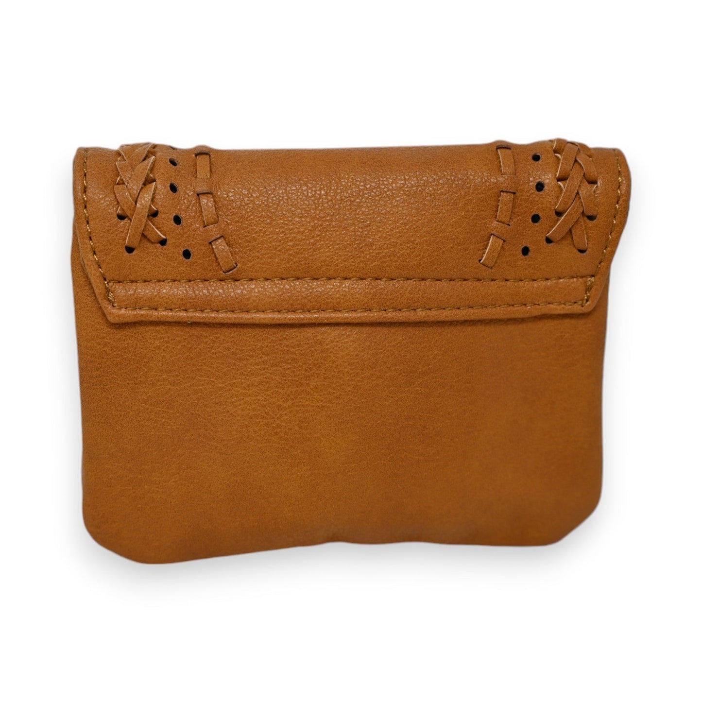 Kleine geflochtene Geldbörse in senfgelb aus Leder mit dekorativem Flechtmuster am oberen Rand