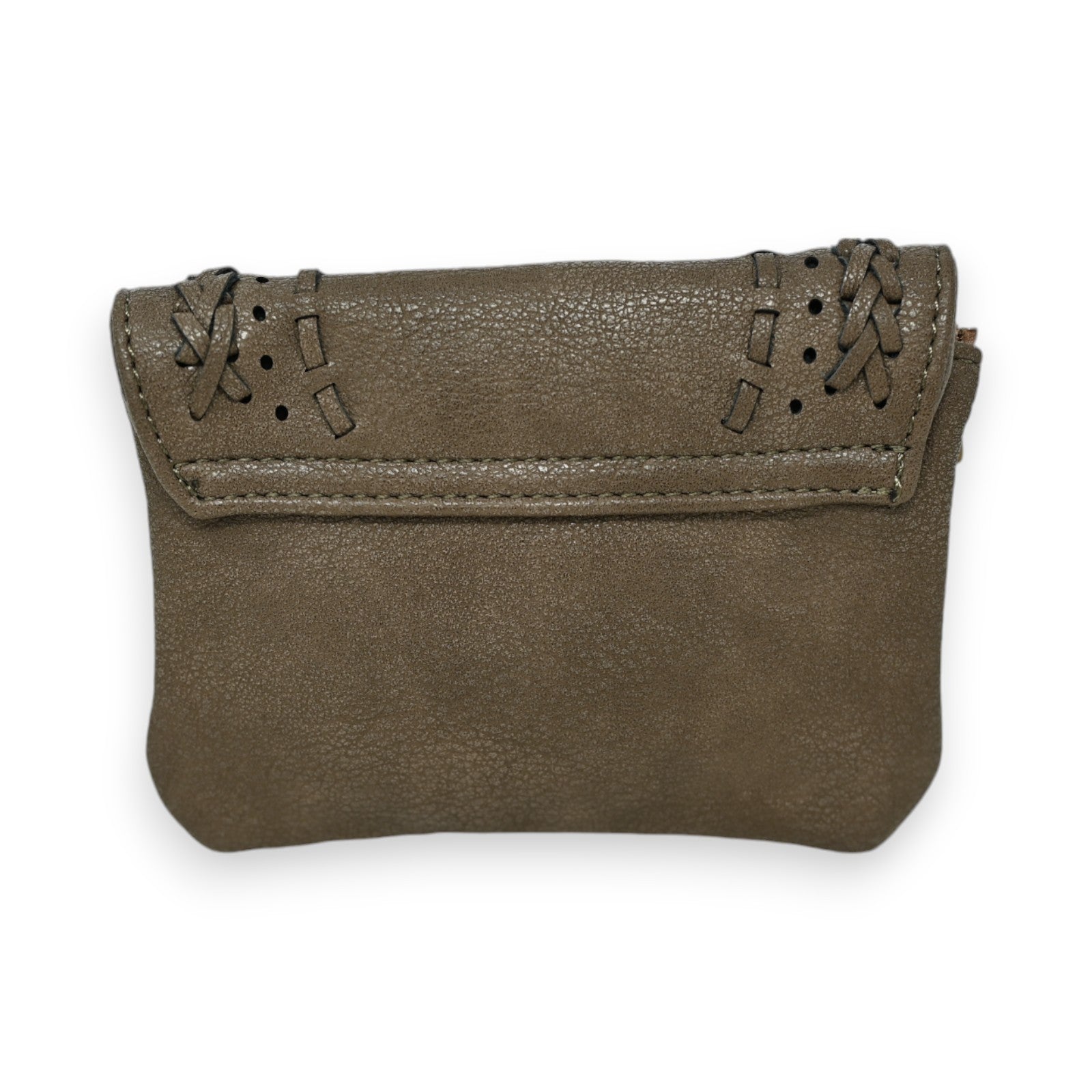 Kleine braune Ledergeldbörse mit geflochtenem Rand, Taupe-Farbe, weiche Textur, kompaktes Design