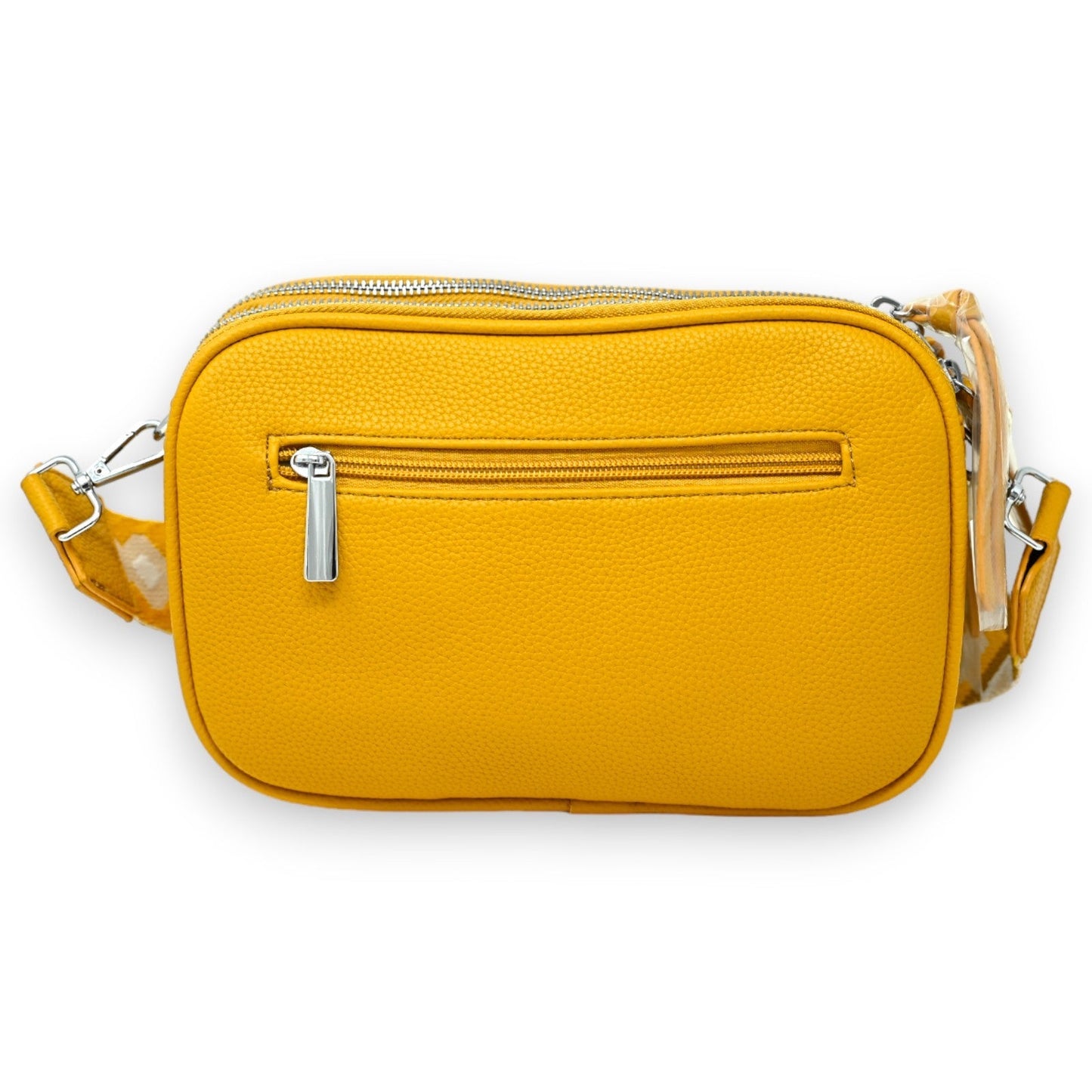 Quadratische senfgelbe Umhängetasche aus Leder mit Reißverschluss und mehreren Taschen, inklusive Schulterriemen