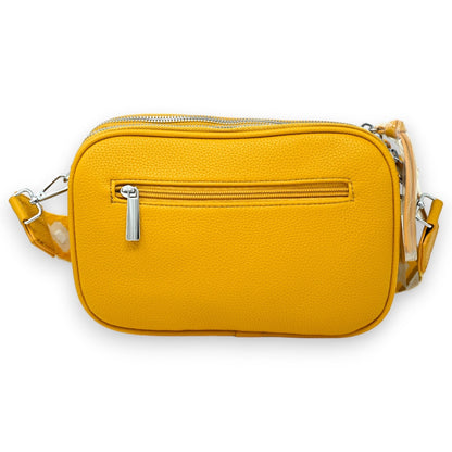 Quadratische senfgelbe Umhängetasche aus Leder mit Reißverschluss und mehreren Taschen, inklusive Schulterriemen