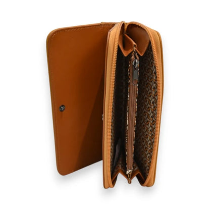 Senfgelbe Ledergeldbörse Mélanie Paris mit silbernem Lochmuster, offen und mit Reißverschluss