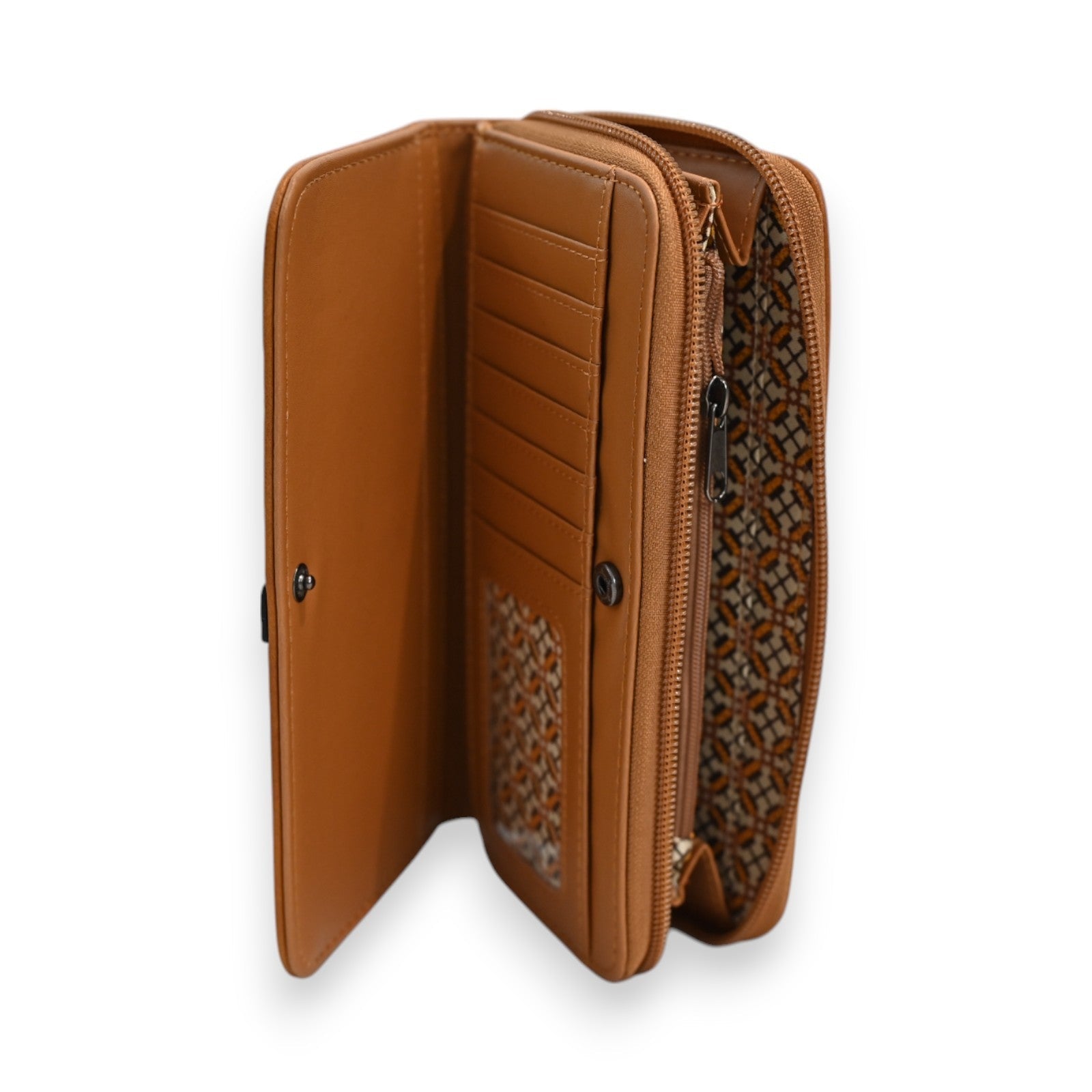 Elegante Damen-Geldbörse in Camel-Farbe mit Reißverschluss, Kartenfächern und dekorativem Muster, geöffnet