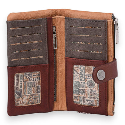 Stylische Leder-Geldbörse in Brauntönen mit vielen Kartenfächern, Reißverschluss und dekorativem Muster-Einsatz