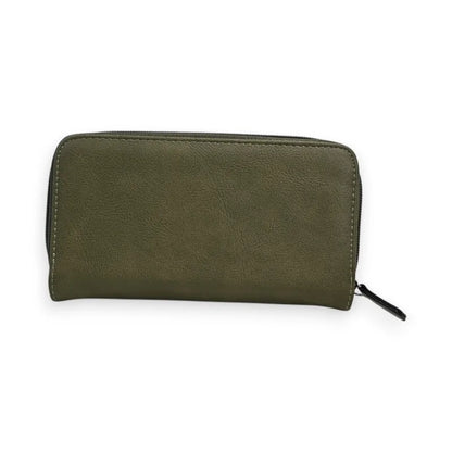 Grüne Khaki-Lederbrieftasche mit Reißverschluss, eleganter Stil, Marke Mélanie Paris
