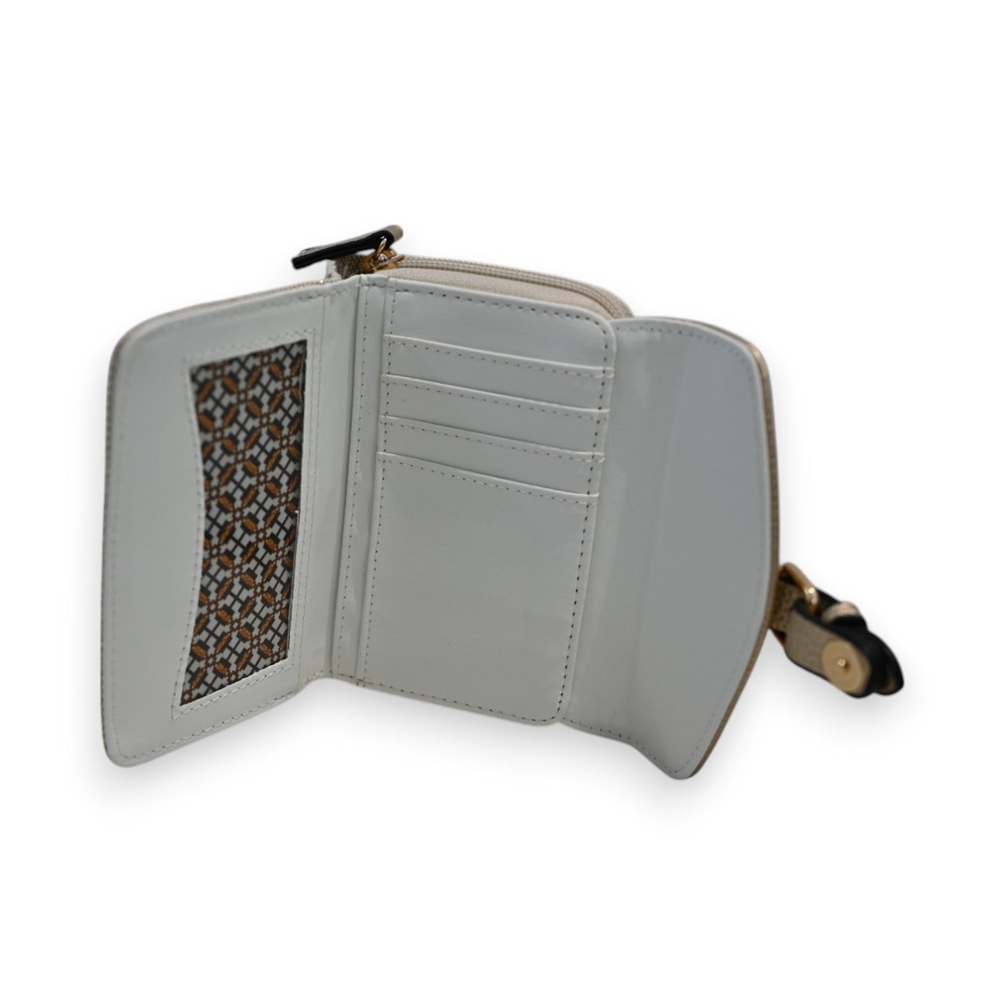 Elegante graue Leder-Geldbörse mit goldenen Details, Reißverschluss und mehreren Kartenfächern, teilweise geöffnet
