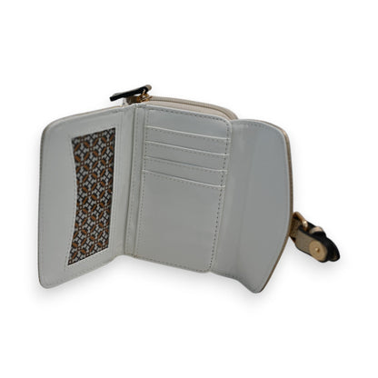 Elegante graue Leder-Geldbörse mit goldenen Details, Reißverschluss und mehreren Kartenfächern, teilweise geöffnet