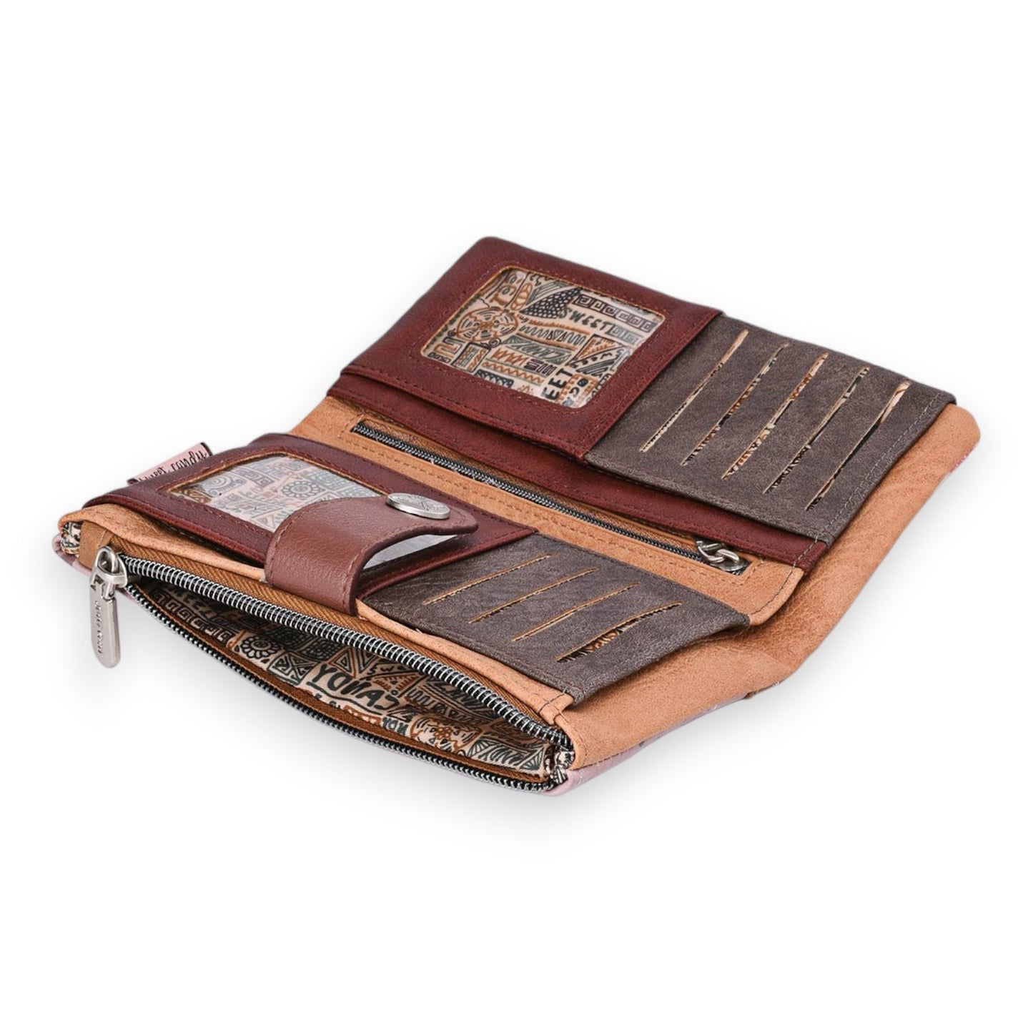 Stilvolle Leder-Geldbörse mit Azteken-Muster, mehreren Fächern und Reißverschluss in Braun- und Beigetönen