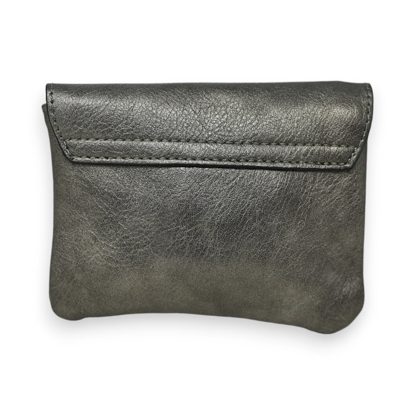 Metallisch graue Leder-Geldbörse mit genarbter Oberfläche und Klappe, kompakt und elegant im Design