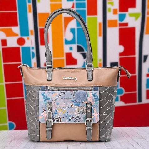 Handtasche in Braun, Grau und Blau mit tropischem Muster und Sweet-Candy-Design