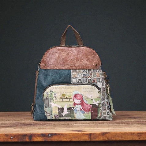 Zweifarbiger Vintage-Rucksack mit Patchwork-Design und Mädchenmotiv auf der Vorderseite